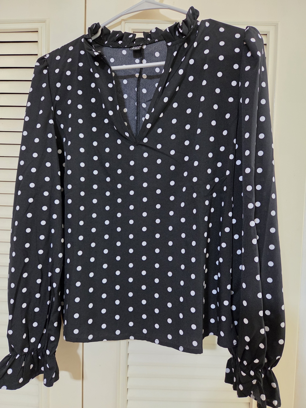 SHEIN Black and White Polka Dot Ruffle Neck Blouse